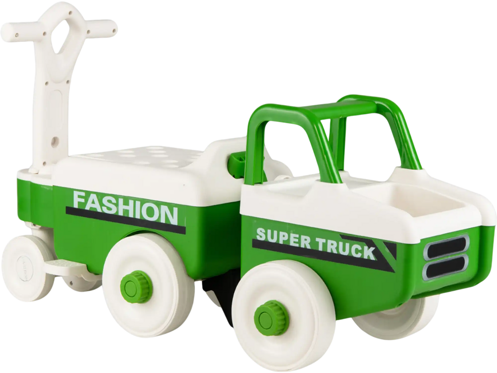 Green 4-in-1 ride-on push car with music, under-seat storage, and all-terrain wheels for boys and girls aged 1.5-5.