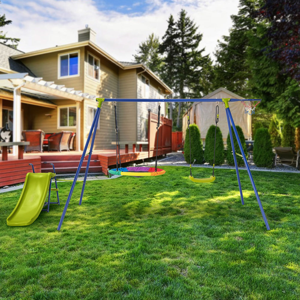 4-in-1 heavy-duty metal playset featuring swings, slide, and basketball hoop, perfect for backyard fun for kids aged.