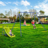 Heavy-duty metal playset featuring swings, slide, and basketball hoop, perfect for kids aged 3-12 in a backyard setting.