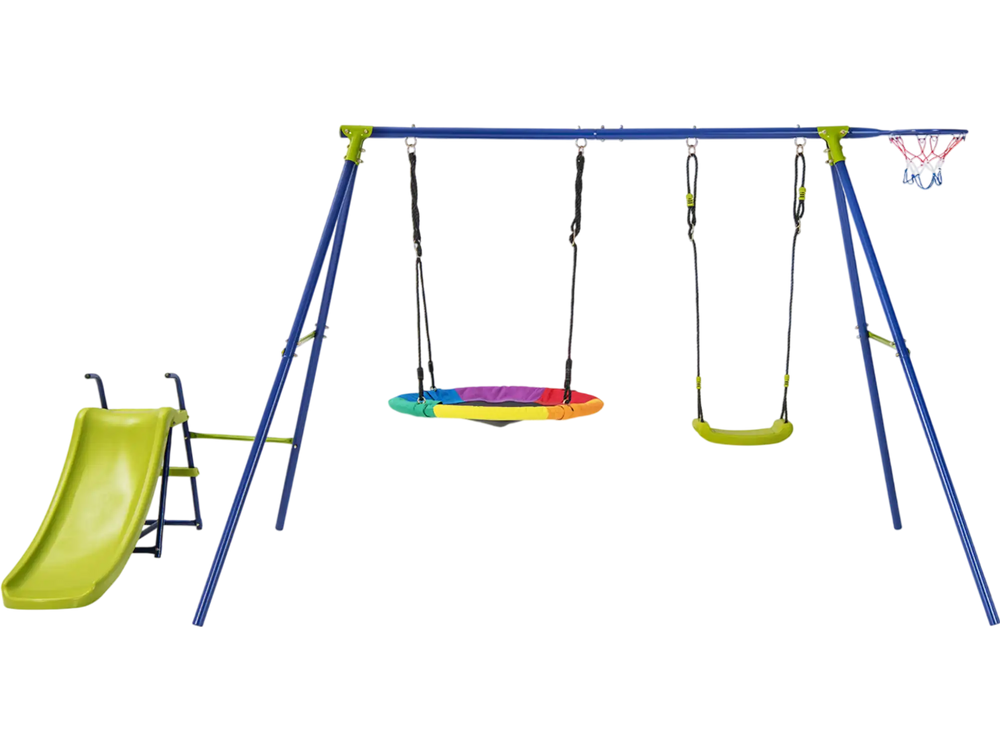 4-in-1 Heavy-Duty Metal Playset with Slide and Basketball Hoop