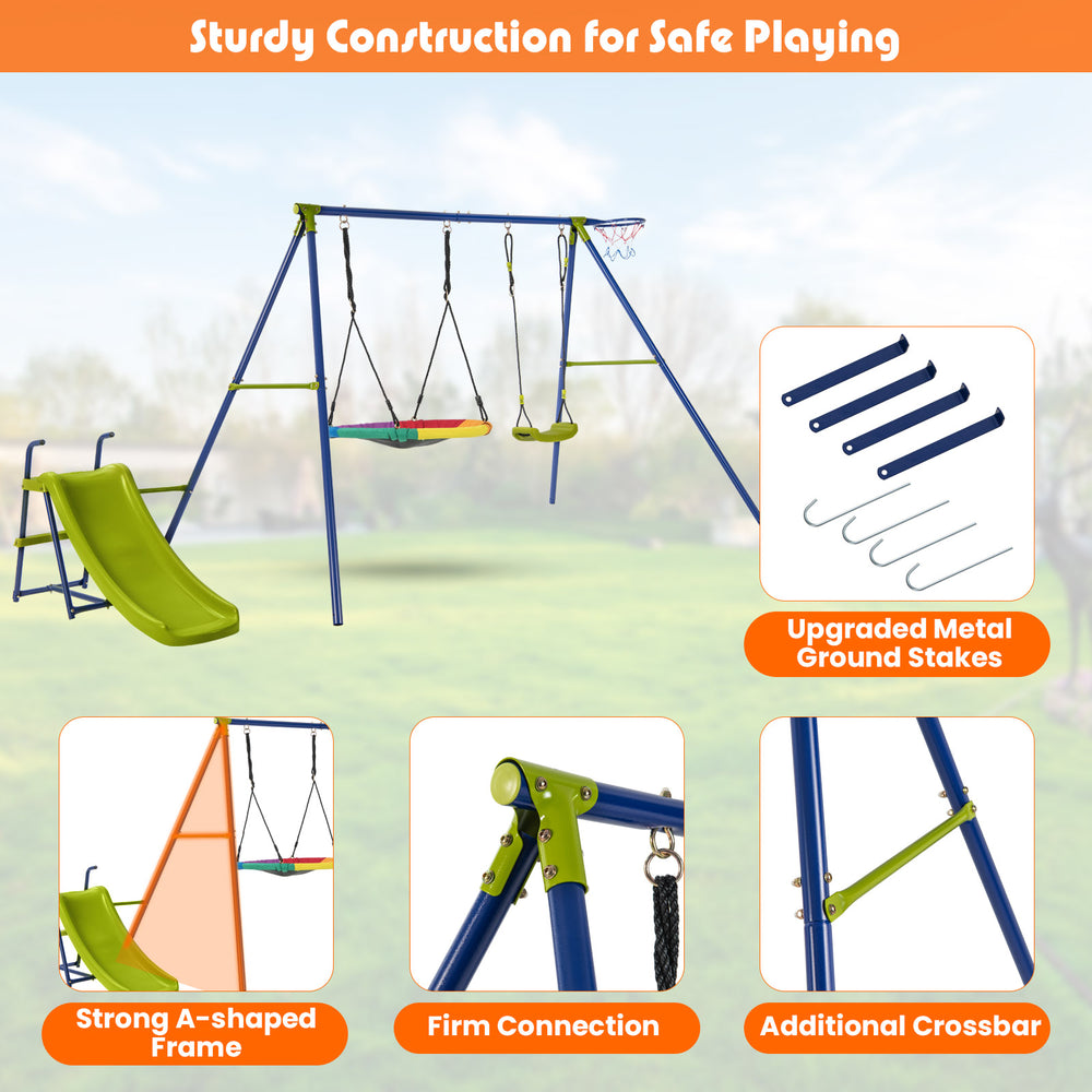 4-in-1 heavy-duty metal playset featuring a slide, basketball hoop, and strong A-shaped frame for backyard fun.