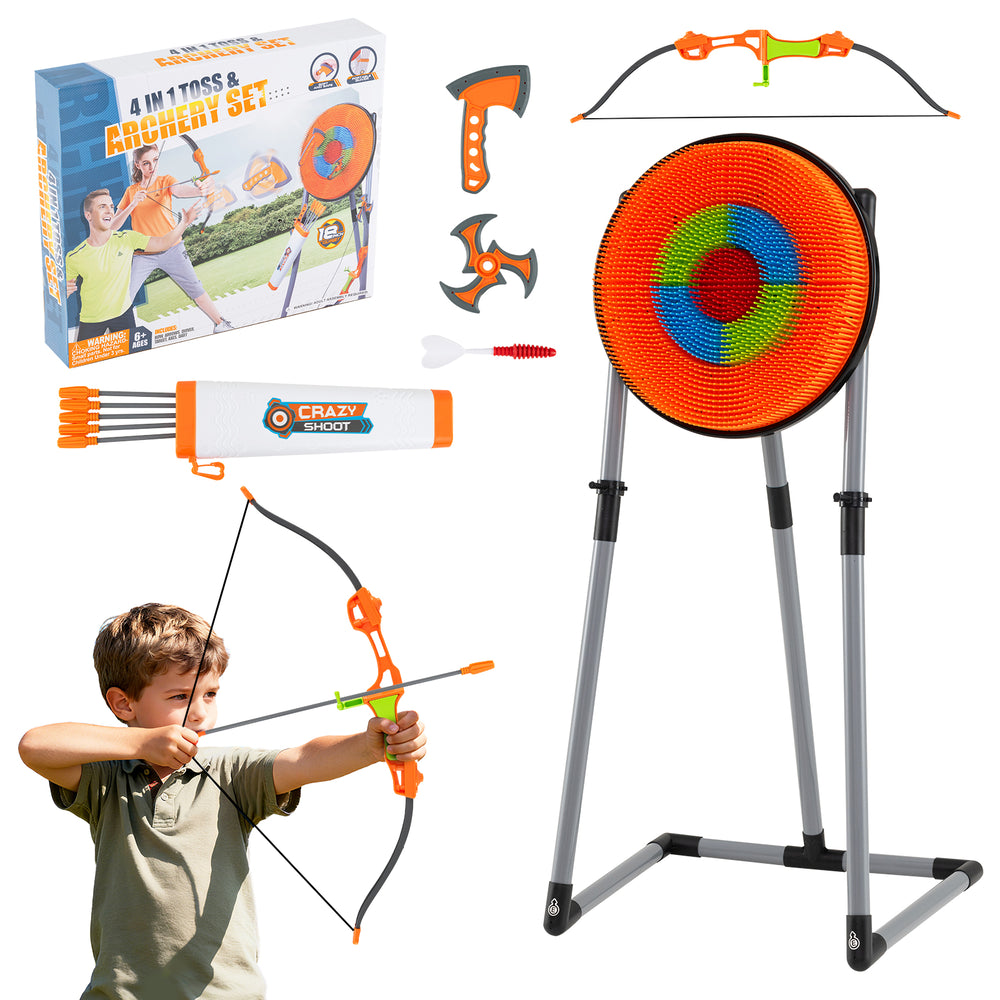 Kids throwing game set featuring a bristle target, bow, arrows, and axes for indoor and outdoor fun.