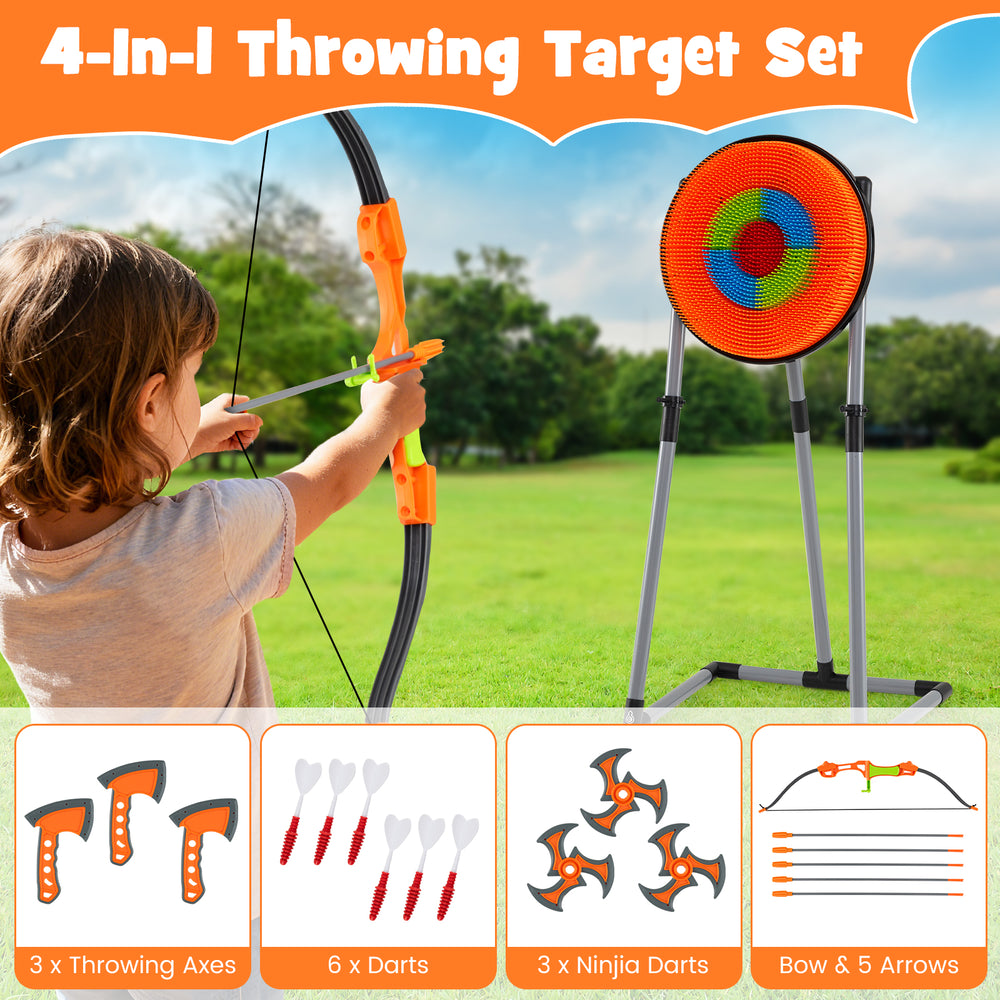 4-in-1 throwing target set featuring a bristle target, 3 axes, darts, a bow, and arrows for indoor and outdoor fun.