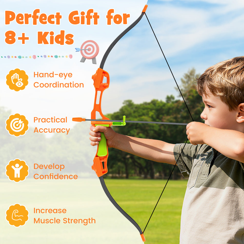 Child aiming a bow from the 4 in 1 throwing target set, promoting hand-eye coordination and muscle strength for ages 8+.