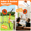 4 in 1 throwing target set featuring a bristle target, axes, darts, and bow for indoor and outdoor fun.