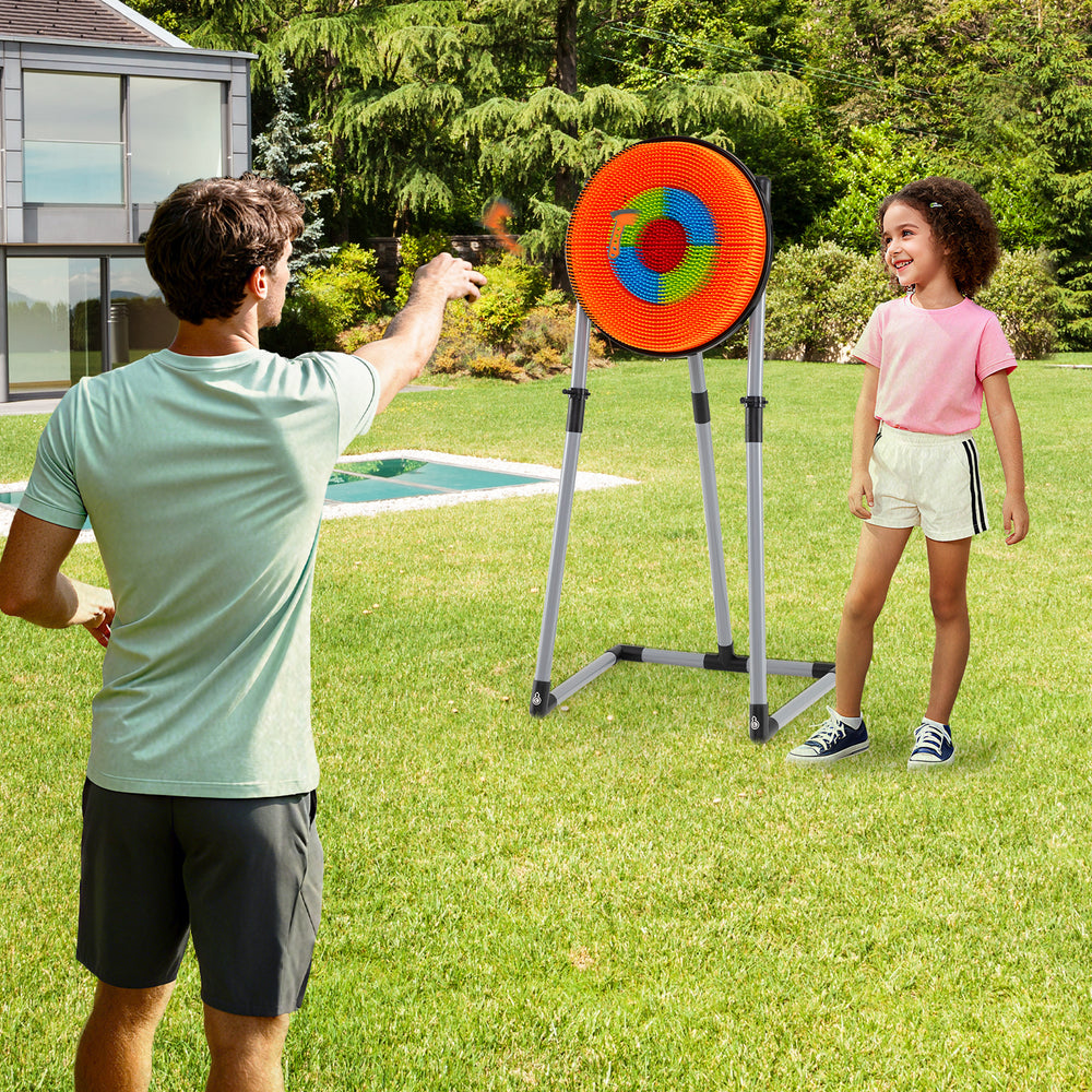 Kids throwing game featuring a bristle target and axes, designed for outdoor fun and skill development.