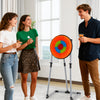 Colorful bristle target with throwing axes and darts, designed for kids' accuracy practice and indoor/outdoor fun.