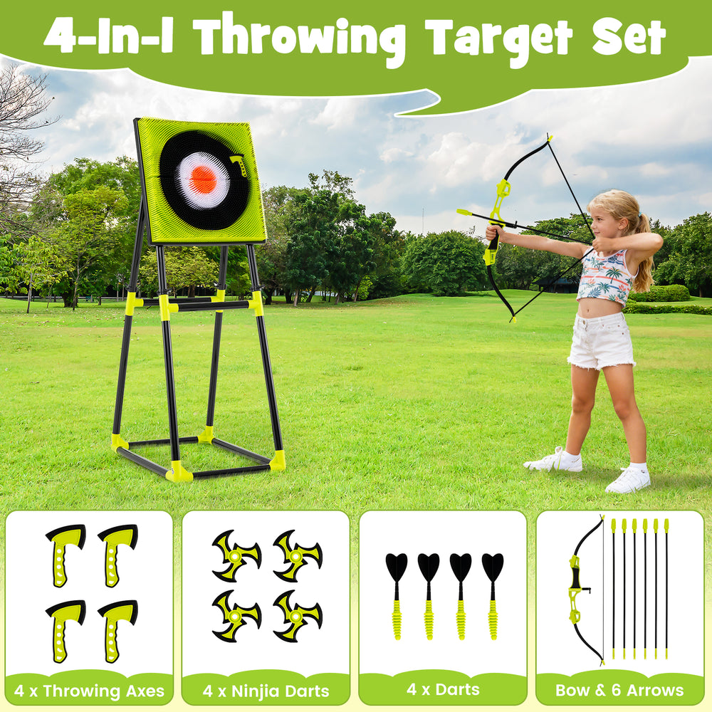4-in-1 throwing target set featuring a bristle target, axes, darts, bow, and arrows for indoor and outdoor fun.