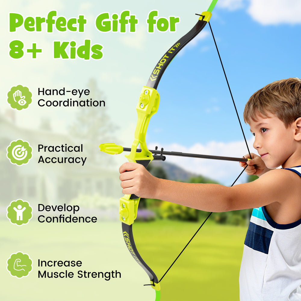 Kids throwing game set featuring a bristle target, bow, and arrows, promoting hand-eye coordination and muscle strength.
