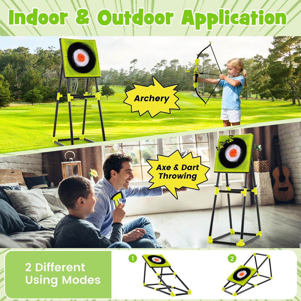 4 in 1 throwing target set featuring a bristle target, axes, darts, and bow for indoor and outdoor fun.