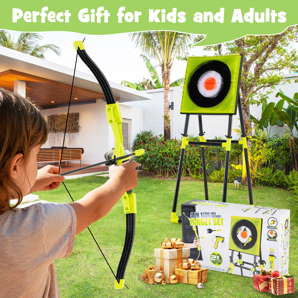 Kids throwing game set featuring a bristle target, bow, arrows, and darts for indoor and outdoor fun.