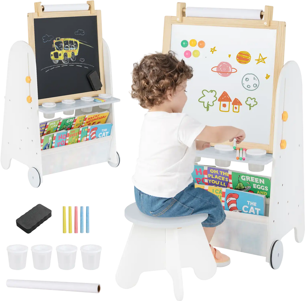 Toddler using the 4-in-1 activity table set with magnetic whiteboard and chalkboard, featuring storage and adjustable.