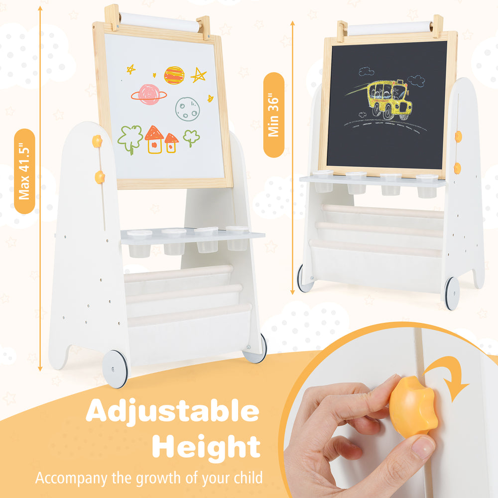 Adjustable height 4-in-1 toddler activity table set with magnetic whiteboard and chalkboard for creative play.