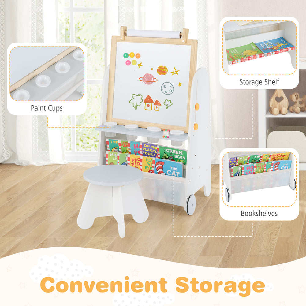 4-in-1 toddler activity table set featuring a magnetic whiteboard, chalkboard, and ample storage for art supplies.