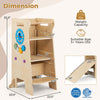 Toddler tower side view shows adjustable height, Montessori games, and dimensions for a kids kitchen step stool helper.