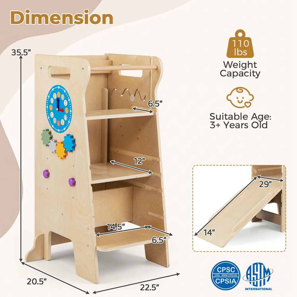 Toddler tower side view shows adjustable height, Montessori games, and dimensions for a kids kitchen step stool helper.