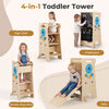 4-in-1 toddler tower with chalkboard and Montessori games shown as a kitchen step stool with a child standing.