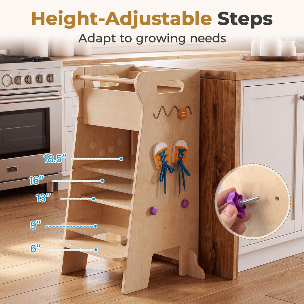 Adjustable-height toddler tower with chalkboard and removable safety board, shown with 18.5-inch height measurements.