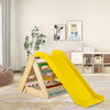 Yellow 4 in 1 triangle climber toy with sliding board and climbing net, perfect for indoor play in kids' rooms.