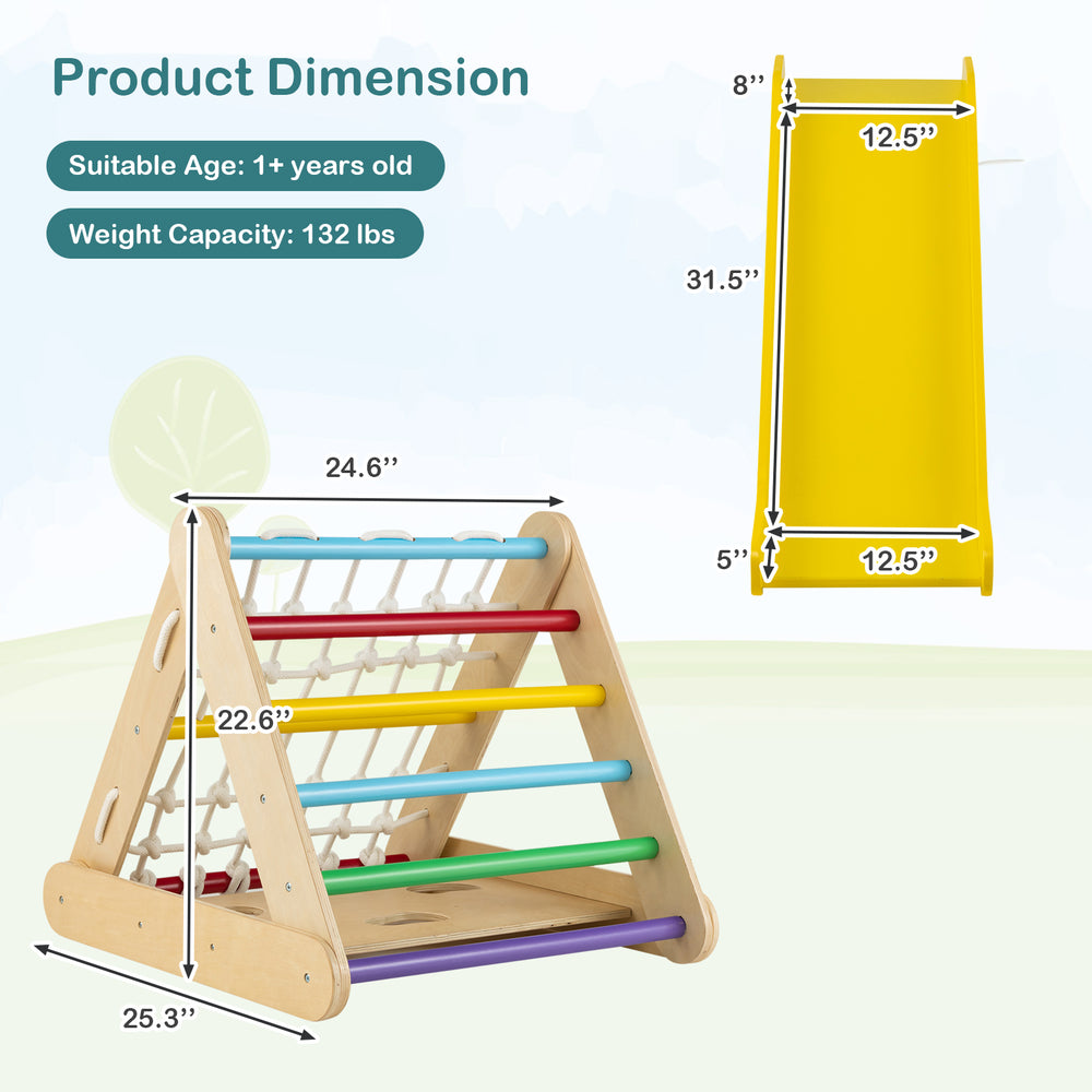 Triangle climber toy with sliding board, multicolor, made of natural wood, suitable for kids aged 1+, 132 lbs capacity.