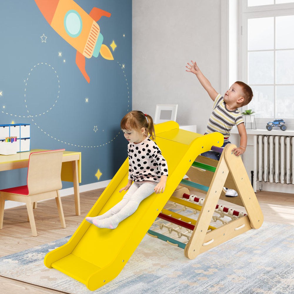 Children playing on the 4 in 1 Triangle Climber Toy with sliding board, featuring natural wood and a colorful design.