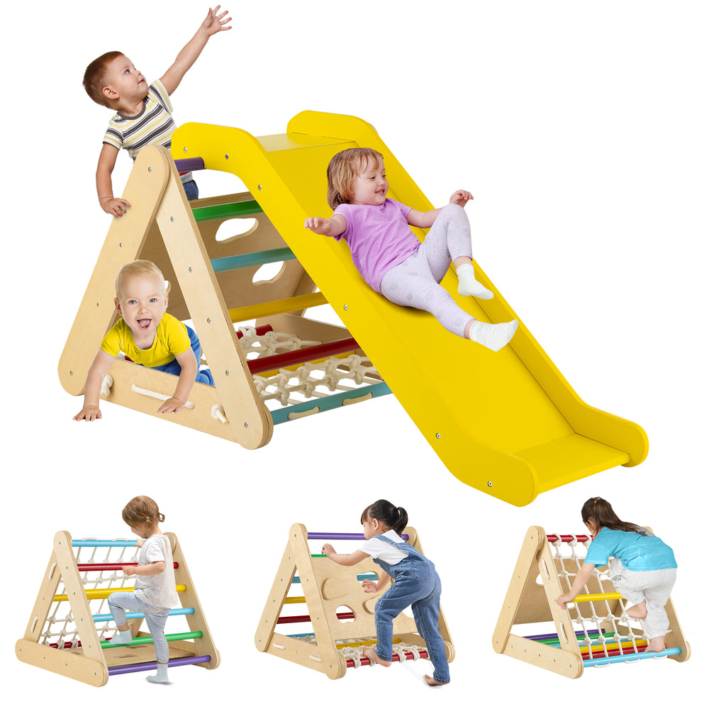 4 in 1 Triangle Climber Toy with yellow slide and climbing net, perfect for indoor play and safe for children.