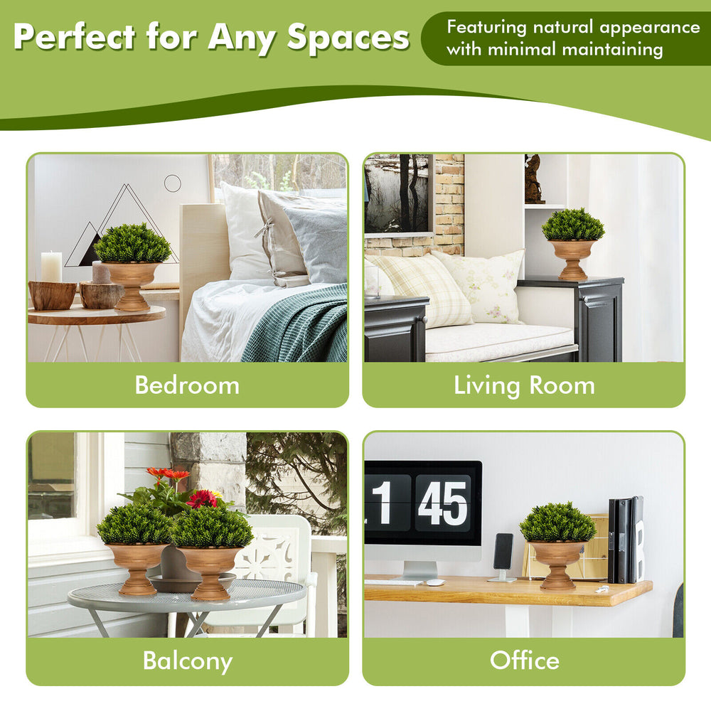Artificial boxwood topiary trees in golden pots, perfect for home or office decor, requiring no maintenance.
