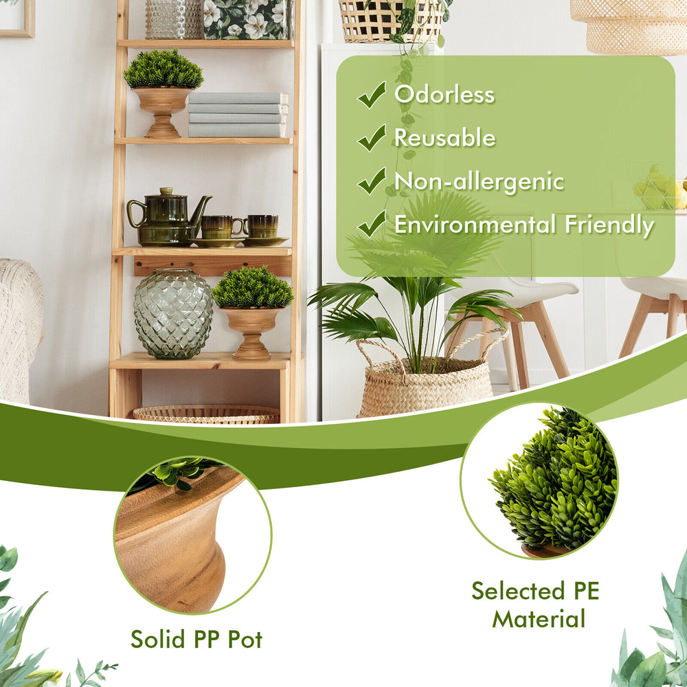 4 pack of artificial boxwood topiary trees in solid PP pots, perfect for indoor decoration on tables and shelves.