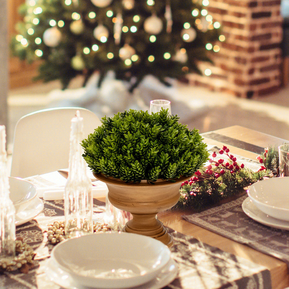 Artificial boxwood topiary tree in a golden pot, perfect for dining table decoration, low-maintenance and realistic.