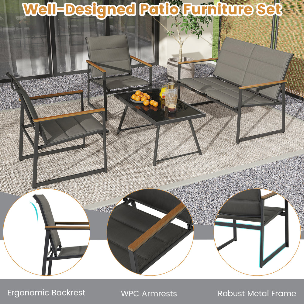 4-piece outdoor conversation patio furniture set in gray featuring a loveseat, two armchairs, and a coffee table for.