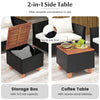 Storage coffee table with acacia wood top and 13.5 gal capacity, perfect for outdoor use in backyard or garden.