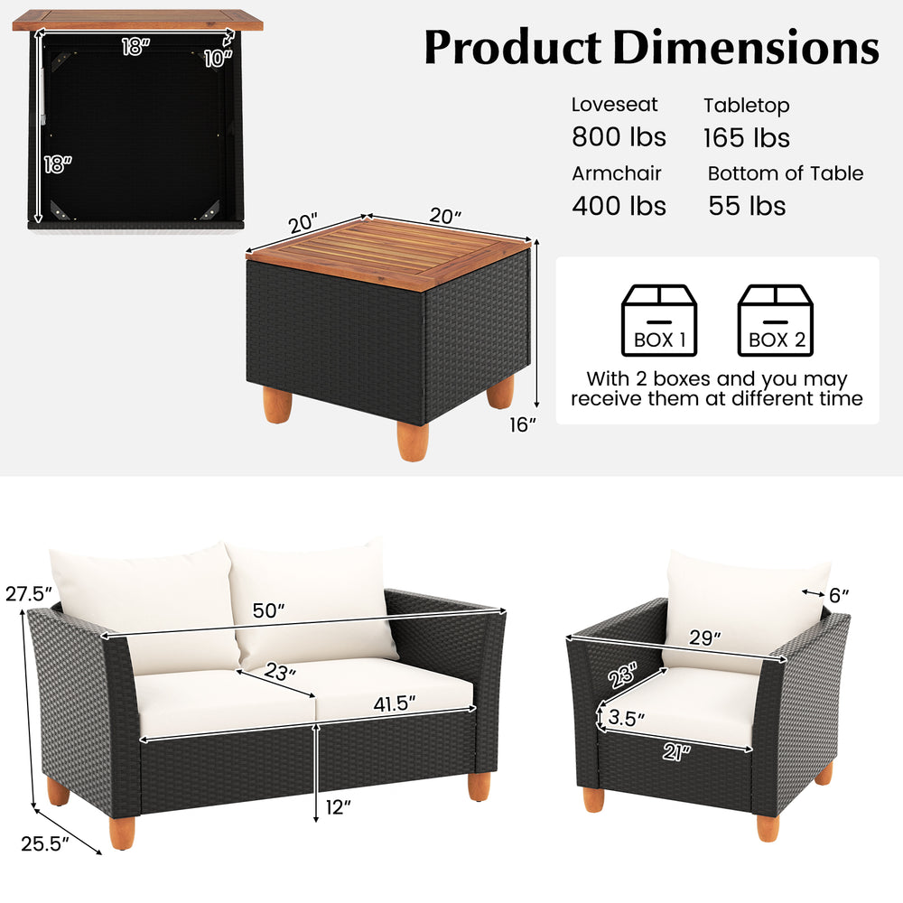 Outdoor conversation set with storage coffee table, featuring PE rattan, soft cushions, and acacia wood tabletop for.