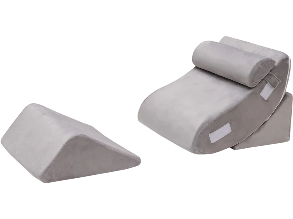 Gray 4-piece bed wedge pillow set with movable headrest for back, neck, and leg pain relief, ideal for versatile use.