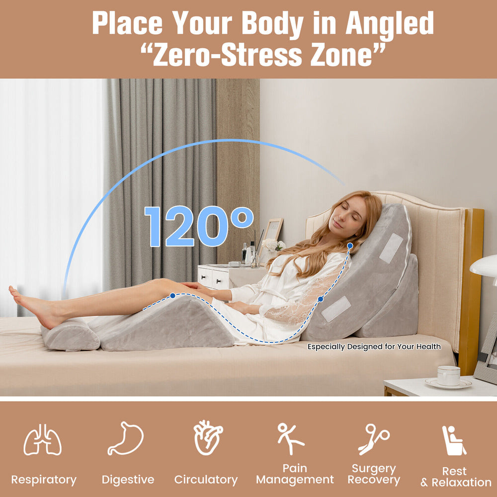 Gray 4-piece bed wedge pillow set designed for back, neck, and leg pain relief, ideal for rest and recovery.