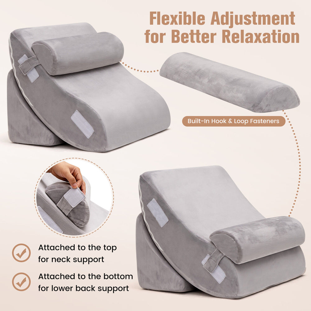 Adjustable gray wedge pillow set for back, neck, and leg pain relief, featuring a movable headrest and soft surface.