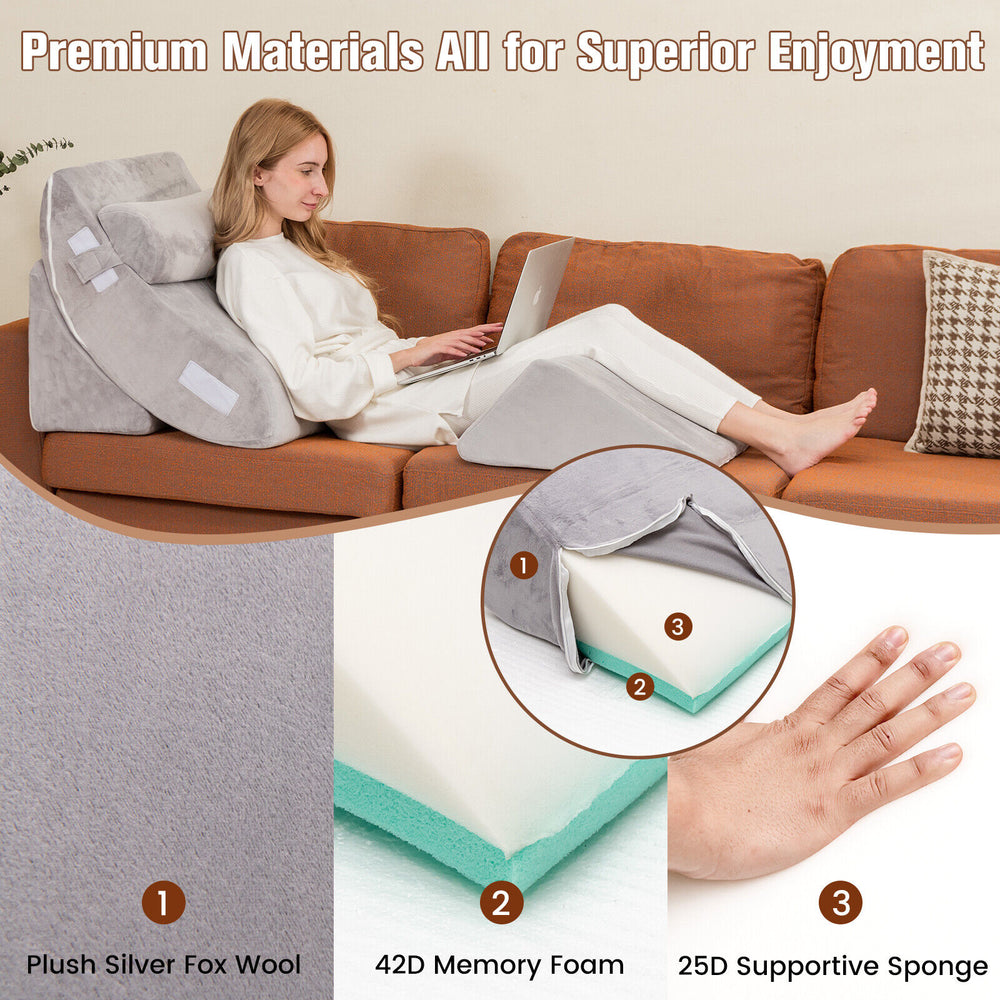 Gray 4-piece bed wedge pillow set featuring memory foam and supportive sponge for back, neck, and leg pain relief.