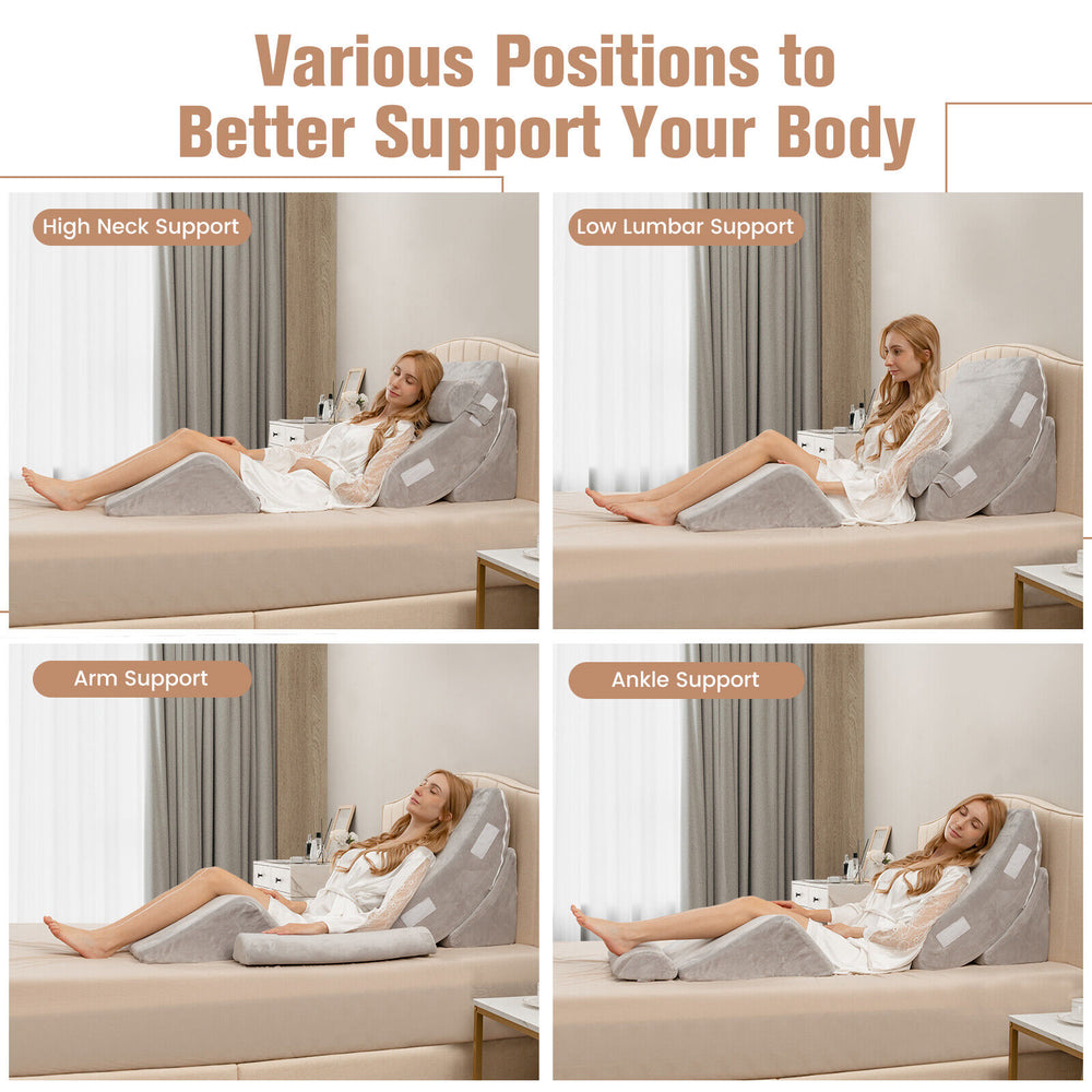 Multifunctional gray wedge pillow set showing various support positions for back, neck, and leg pain relief.