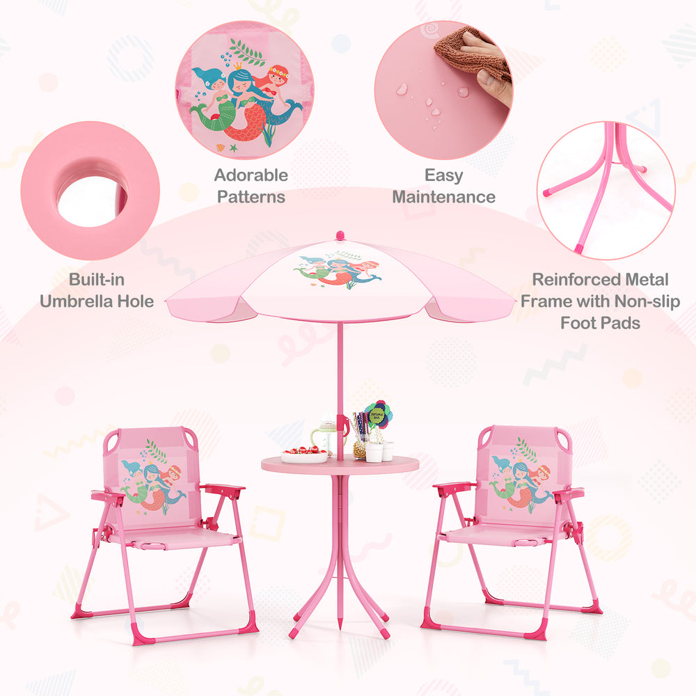 Kids picnic set featuring 2 pink folding chairs, adjustable umbrella, and table, perfect for outdoor fun and comfort.
