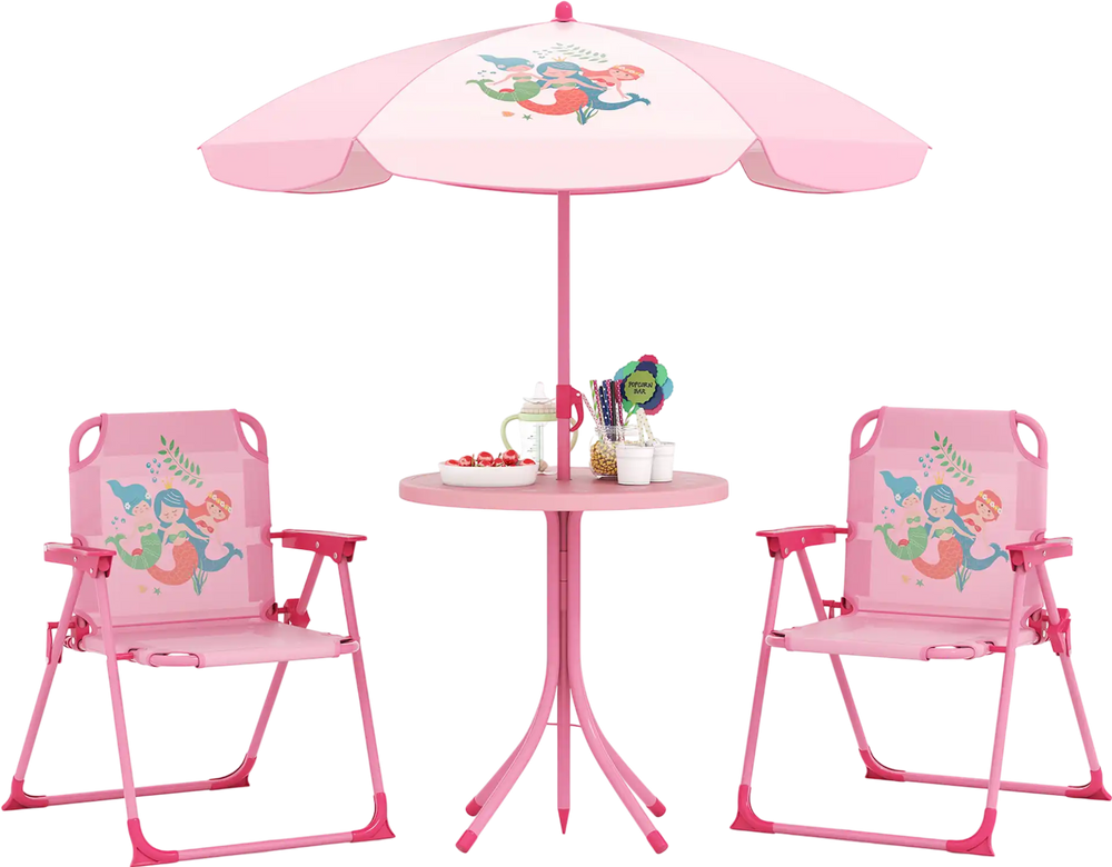 Kids picnic set featuring two pink folding chairs, a height-adjustable umbrella, and a round table for outdoor fun.