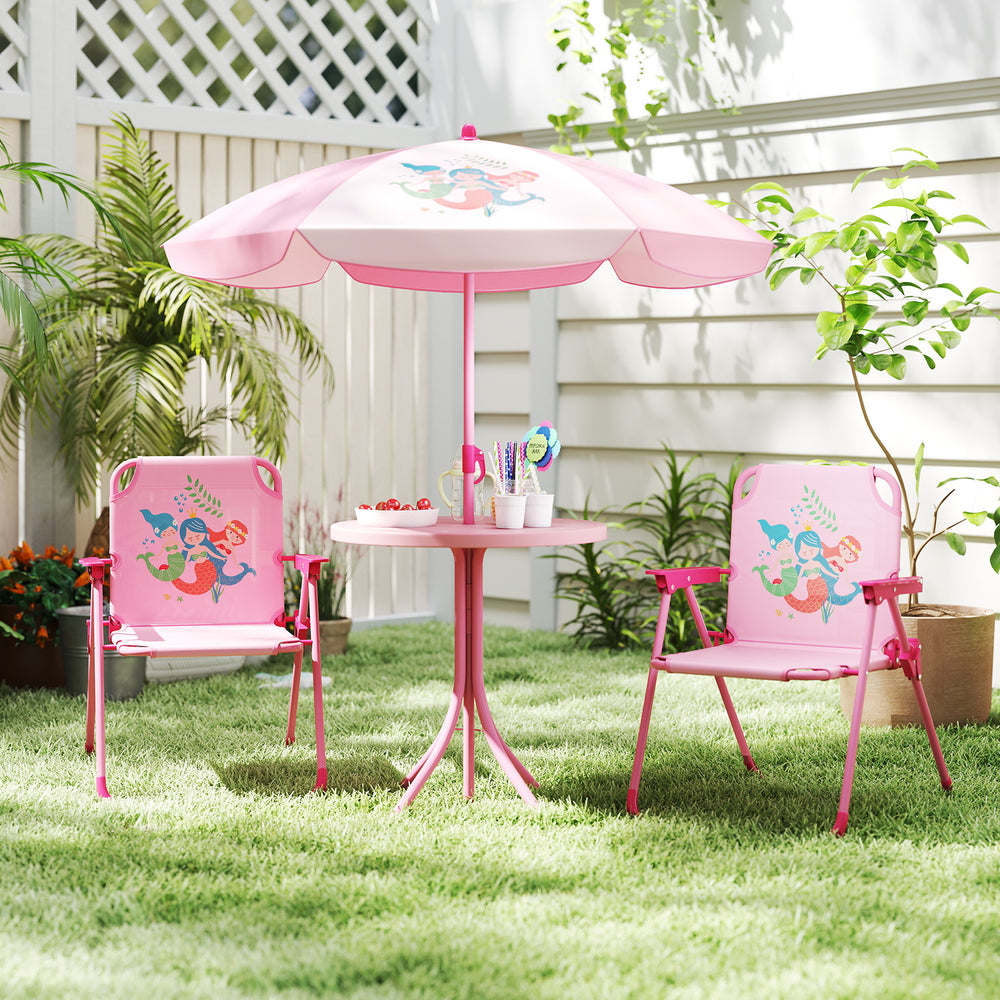 Kids picnic set featuring a pink table, two folding chairs, and an adjustable umbrella for outdoor fun and comfort.