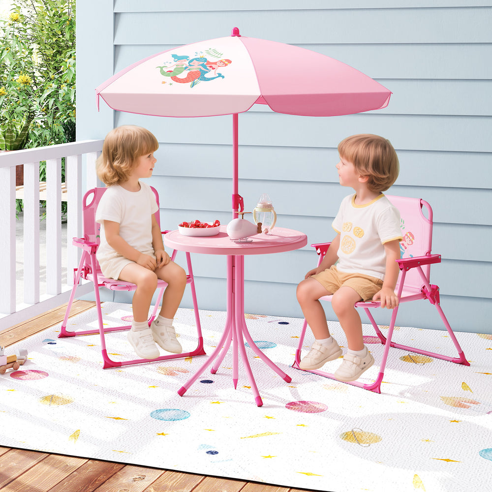 Kids picnic set featuring a pink table, two folding chairs, and an adjustable umbrella for outdoor fun.
