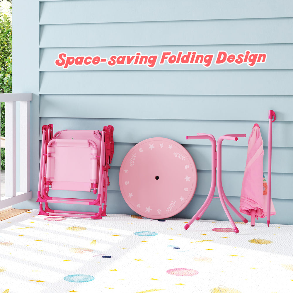 Pink kids picnic set featuring 2 folding chairs, adjustable umbrella, and round table for outdoor fun and easy storage.