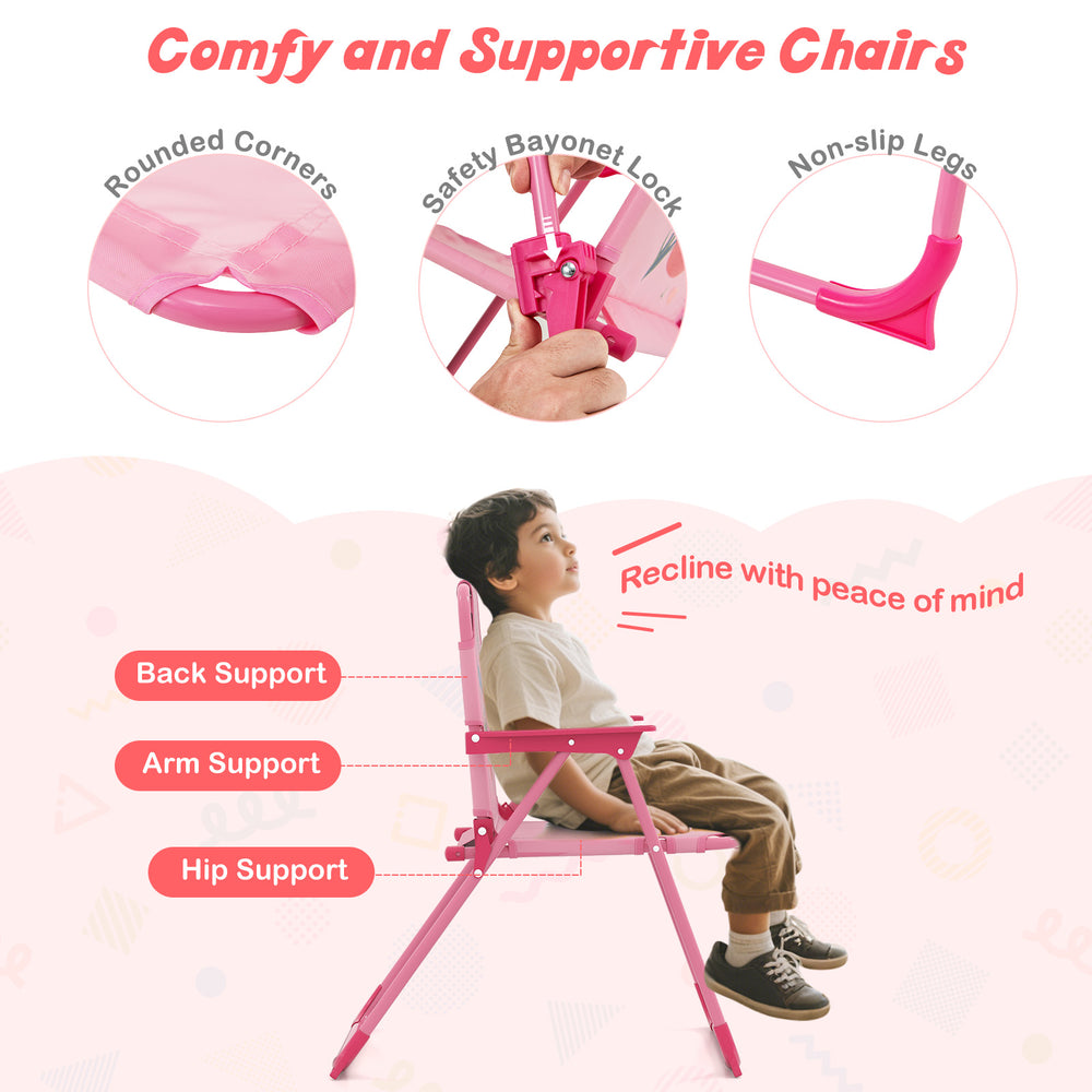 Kids' pink folding chair with supportive backrest and armrest, perfect for outdoor picnics and safe play.