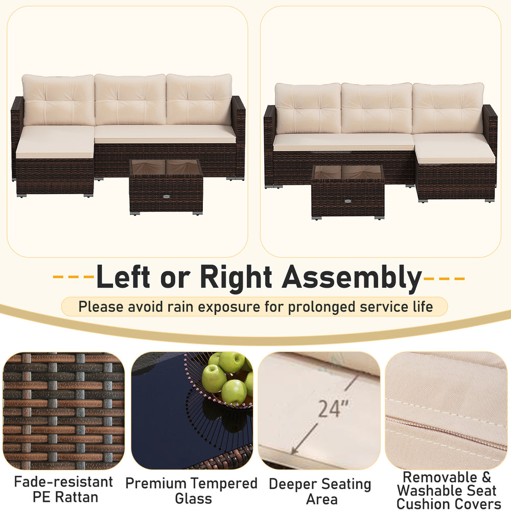 Outdoor furniture set featuring brown PE rattan, thick cushions, and a 32-inch fire pit table for cozy patio relaxation.