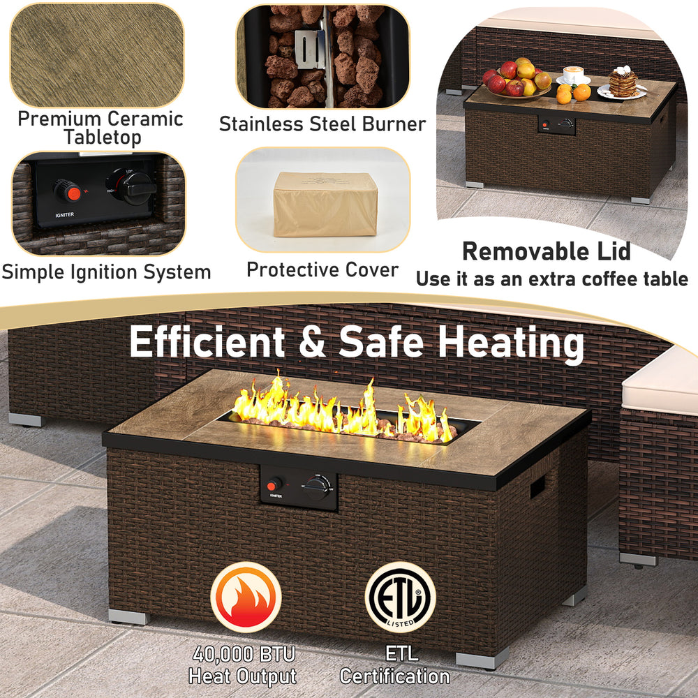 32-inch fire pit table with removable lid, brown PE rattan, 40,000 BTU heat output, ideal for outdoor patio use.
