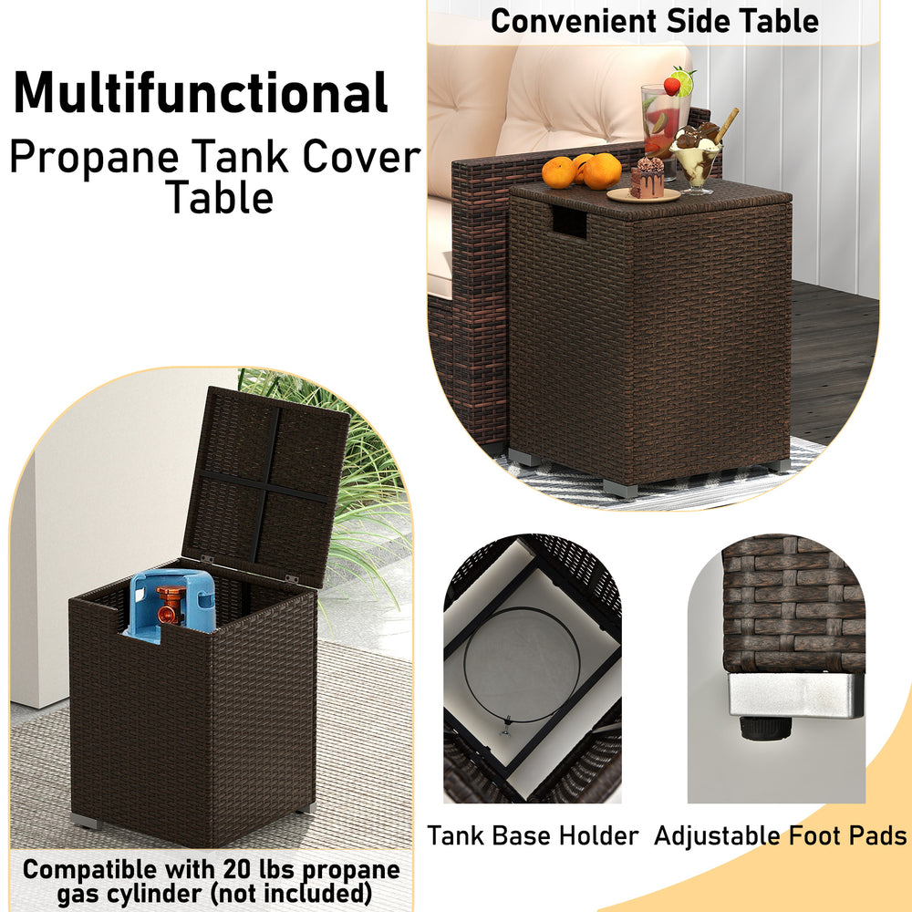 Propane tank cover table in brown PE rattan, featuring an openable top and tank base holder for outdoor convenience.
