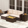 Outdoor furniture set featuring a brown PE rattan sofa with soft cushions and a 32-inch fire pit table for cozy.