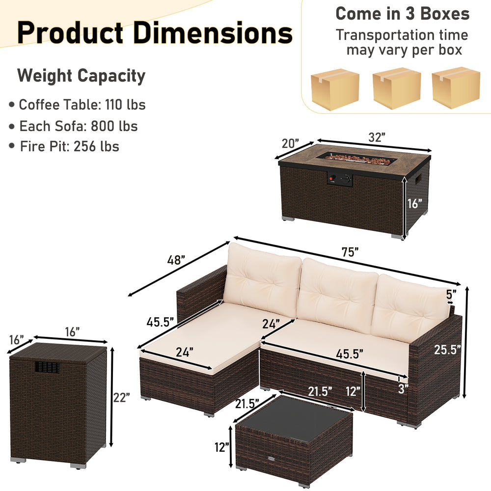 4-piece outdoor furniture set featuring a 32-inch fire pit table, brown PE rattan, and soft cushions for patio.