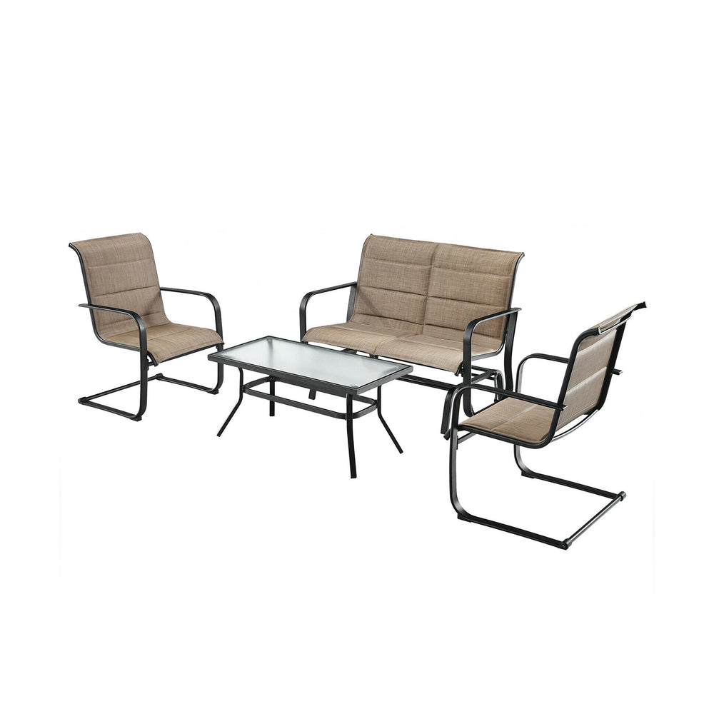 4-piece outdoor patio furniture set featuring a padded glider loveseat and coffee table in brown for cozy gatherings.