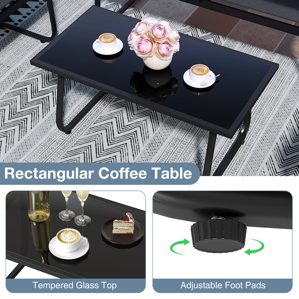 Rectangular coffee table with tempered glass top and adjustable foot pads, perfect for patio furniture set.